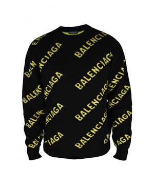 Balenciaga trui.Zwart en geel.Balenciaga logoprint over de hele trui.Ronde geribbelde kraag.Lange mouwen.Geribbelde manchetten en mouwen.Gebreide constructie.Gemaakt in Italië.