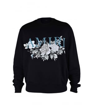 Sudadera Amiri de algodón negro.Logotipo azul turquesa estampado en el centro.Estampado gráfico de flores blancas en el centro.Cuello redondo.Bordes acanalados.Made in Italy.