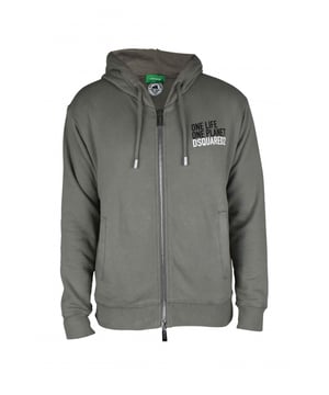 Sudadera con capucha de algodón gris de Dsquared2.Inscripción  One Life One Planet  impresa en el pecho.Logotipo impreso en el pecho.Cierre de cremallera.Capucha con cordón.Bordes acanalados.Dos bolsillos laterales y manga larga.Made in Italy.