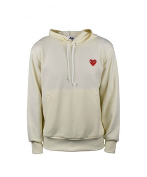 Comme des Garçons sweatshirt van pastelgeel polyester.Capuchon met trekkoord.Geborduurd rood hart op de borst.Kangoeroezak.Lange mouwen.Geribbelde randen.