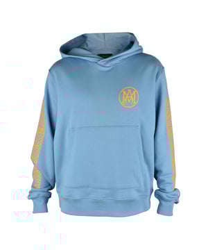 Sudadera con capucha Amiri de algodón azul.Logotipo «MA» naranja impreso en el pecho.Ouija naranja estampada en la espalda.Mangas estampadas.Bolsillo canguro.Bordes acanalados.Made in Italy.