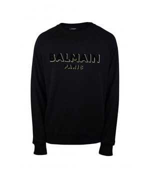 Zwart katoenen sweatshirt van Balmain.Zwart fluwelen logo met gouden omtrek op de voorkant. Ronde halslijn.Rechte zoom.Geribbelde randen.100% katoen.