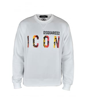 Wit Dsquared2 sweatshirt.ICON-logoprint op de voorkant.Zwart, geel en oranje grafisch palmeffect.V-halsnaad.Geribbelde randen.100% katoen.Gemaakt in Italië.