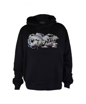 Amiri sweatshirt met capuchon van zwart katoen.Grafische eenhoorn- en wolkenprint op de voorkant.Blauw logo gedrukt op het ontwerp.Kangoeroezak.Geribde randen.Gemaakt in Italië.