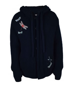 Chaleco con capucha de lana azul oscuro Valentino.Bordado libélula.Capucha con cordón de ajuste.Dos bolsillos laterales.Cuello alto.Cierre con automáticos.Made in Italy.