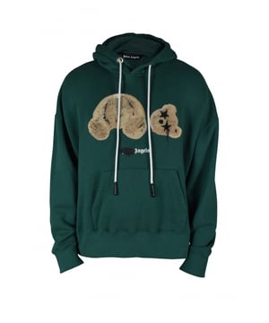 Sudadera Palm Angels en color verde abeto con osito de peluche con ojos de estrella.Con capucha y cordones con logotipo.Logotipo de Palm Angels en la parte delantera.Bolsillo tipo canguro en la parte delantera.Bordes acanalados.100% algodón.Made in Italy.