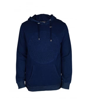 Balmain marineblauw sweatshirt. Denim-effect.Logopatroon in reliëf. Twee zakken aan de voorkant.Capuchon met trekkoord. 100% katoen.