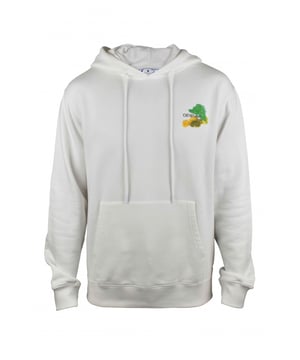 Witte gebroken witte katoenen sweater.  Capuchon met trekkoord.Zwart logo gedrukt op de borst met gele en groene verfvlekken.Veelkleurige pijlen gedrukt op de rug met verfeffect.Kangoeroezak.Lange mouwen. Geribbelde randen.