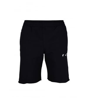 Schwarze Shorts aus Baumwolle von Off-White.Die Taille ist elastisch.Weiße Signature-Logos auf der Vorderseite aufgedruckt.Taschen an den Seiten.Gesäßtasche.