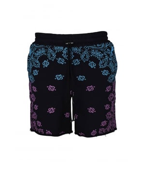 Amiri short van zwart katoen.Roze en blauwe bandanaprint.Logopatch op de achterkant.Zijzakken. Elastische tailleband. Trekkoord. Achterzak.