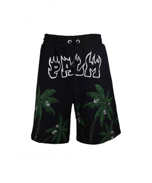 Schwarze Baumwollshorts von Palm Angels.Auf der Vorder- und Rückseite ist ein weißes Flammenlogo aufgedruckt.Palmen- und Totenkopf-Prints auf der Vorder- und Rückseite.Elastischer Bund mit Kordelzug.Seitentaschen.Made in Italy.