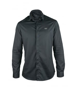 Schwarzes Philipp Plein Diamond Cut LS Iconic Hemd.Aufgenähtes Metallabzeichen auf der linken Brust.Verdeckte Knöpfe.96% Baumwolle und 3% Elasthan.Made in Italy.