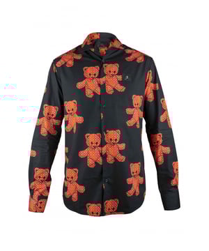 Camisa negra de algodón de Philipp Plein.Logotipo del osito naranja estampado por todas partes.Parche de piel negra en el pecho con calavera de metal plateado.Botones de nácar.Made in Italy.
