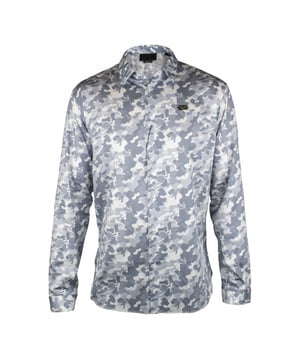 Philipp Plein overhemd van grijs katoen en elastaan.Militaire print.Zilveren metalen logoplaatje.Parelmoeren knopen.Gemaakt in Italië.
