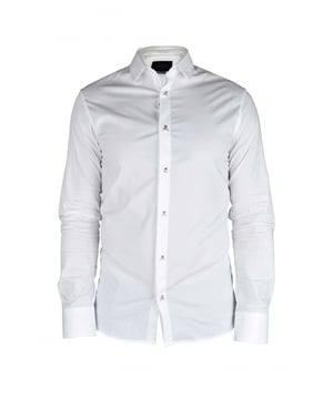 Camisa LS Skull Philipp Plein en blanco.Botones plateados en forma de calavera.96% algodón y 4% elastano.Made in Italy.