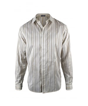 Camisa Christian Dior blanca con rayas grises y doradas.Logotipo Christian Dior bordado en línea con las rayas por toda la camisa.Símbolo  CD  bordado en blanco en la parte delantera de la camisa. Cuello clásico.Mangas largas.61% poliéster 31% seda.Made in Italy.