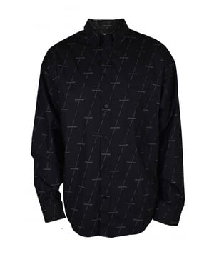 Zwart katoenen overhemd met Balenciaga-monogram.Wit logo over het hele overhemd.Stripontwerp.Borstzak.Klassieke kraag.Zwarte knoopsluiting.Lange mouwen.100% katoen.