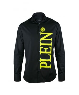 Zwart overhemd van katoen en elastaan ​​van Philipp Plein.Verticale gele logoprint in het midden.Parelmoeren knopen.Gemaakt in Italië.