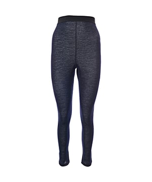 58% wool, 17% polyester, 14% cotton, 11% polyamide. Wool brings a textural note to Raey's blue denim-look leggings, made in Italy and shaped with a stretch waistband from a soft knit jersey