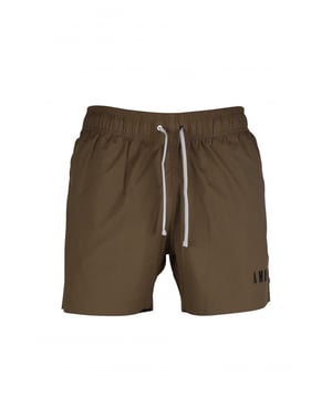 Bañador Amiri beige de poliéster y elastano.Logotipo Amiri negro en una pernera.Cintura elástica con cordón.Bolsillos laterales.Un bolsillo trasero con cierre de velcro.Parche negro con el logotipo en la espalda.