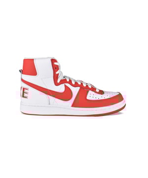 Comme Des Garçons Play x Nike Terminator hoge sneakers.In rood en wit leer.Handtekening swoosh-logo aan de buitenkant.  Nike X CDG-logo op de hiel.Perforatiedetail op de neus.Tong met logopatch.Vetersluiting.Rubberen zool.
