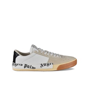 Gevulkaniseerde lage sneakers van Palm Angels.Wit leer en beige suède.Zwart leren werkblad.Logopatch op de tong.Geperforeerde bovenkant.Witte platte veters.Witte geribbelde rubberen zool met contrasterend logo.