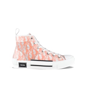 Hoge Dior B23-sneakers.Dior Oblique-patroon in oranje over de hele schoen.Transparante inzetstukken.Afgeronde neus.Witte veters.Witte rubberen zool.Dior-logodetail op de zool.Witte tong aan de achterkant.Gemaakt in Italië.