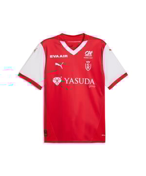 PRODUCT STORY: Support your team in the official Stade de Reims 24/25 home kit. This performance jersey keeps you dry through extra time with moisture-wicking dryCELL technology. Club details and an athletic fit equip you for victory. Cheer on the pitch or in the stands. FEATURES & BENEFITS: dryCELL: Performance technology designed to wick moisture from the body and keep you free of sweat during exercise; As part of the RE:FIBRE program, this garment is made of at least 95% recycled material from textile waste and other used materials.. DETAILS: Regular fit; 170 gsm, double face jaquard; V-neck; Short sleeve; Official Club badge on left chest; Embroidered PUMA Cat branding.