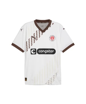 PRODUCT STORY: Gear up and show your allegiance to FC St. Pauli with the 24/25 Away Jersey. It features mesh inserts and moisture-wicking dryCELL tech to keep you feeling cool and comfortable. FEATURES & BENEFITS: dryCELL: Performance technology designed to wick moisture from the body and keep you free of sweat during exercise; As part of the RE:FIBRE program, this garment is made of at least 95% recycled material from textile waste and other used materials. DETAILS: Regular fit; 170 gsm, Jacquard; Mesh inserts; V-neck; Short sleeves; Official team branding; 100% Recycled Polyester.  Our model is 189 cm tall and is wearing size M UK.