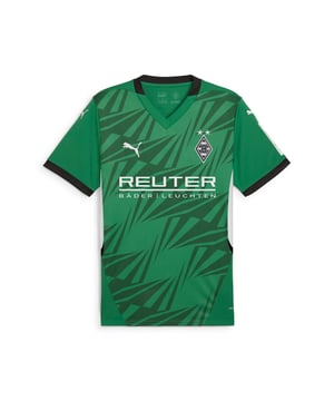 PRODUCT STORY: Show your allegiance to the team with the official Borussia Mönchengladbach 24/25 Away Kit. With this season's design, we celebrate 50 years of the UEFA cup heroes, taking the stripes from the Home kit and reinterpreting them into a fresh new look. FEATURES & BENEFITS: dryCELL: Performance technology designed to wick moisture from the body and keep you free of sweat during exercise; As part of the RE:FIBRE program, this garment is made of at least 95% recycled material from textile waste and other used materials. DETAILS: Regular fit; 170 gsm, Jacquard; Ribbed v-neck; Short sleeves with ribbed cuffs; Official team branding.  Our model is 186 cm tall and is wearing size M UK.
