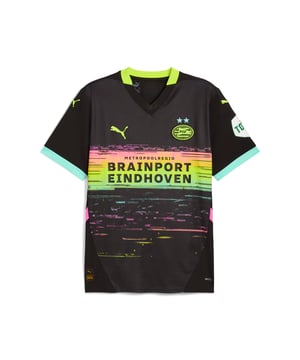 PRODUCT STORY: PSV Eindhoven is a club of many firsts - the first to have a fully lit pitch, the first to fly to matches abroad and the first club to broadcast a game live. The 24/25 Away kit is inspired by that limitless attitude. This jersey features moisture-wicking dryCELL tech and strategically placed mesh inserts to keep you cool and focused on the game. FEATURES & BENEFITS: dryCELL: Performance technology designed to wick moisture from the body and keep you free of sweat during exercise; As part of the RE:FIBRE program, this garment is made of at least 95% recycled material from textile waste and other used materials. DETAILS: Regular fit; 170 gsm, Jacquard; Mesh inserts; Crew neck; Short sleeves with ribbed cuffs; Official team branding.  Our model is 188 cm tall and is wearing size M UK.