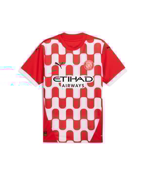 PRODUCT STORY: Gear up and show your allegiance to Girona FC with the official 24/25 Home Jersey. It features mesh panels and moisture-wicking dryCELL tech to keep you feeling cool and comfortable. FEATURES & BENEFITS: dryCELL: Performance technology designed to wick moisture from the body and keep you free of sweat during exercise; As part of the RE:FIBRE program, this garment is made of at least 95% recycled material from textile waste and other used materials. DETAILS: Regular fit; 170 gsm, Jacquard; Mesh inserts; Crew neck; Short sleeves; Official team branding.  Our model is 189 cm tall and is wearing size M UK.