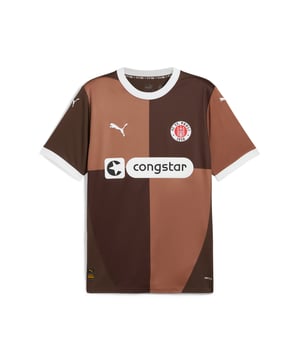 PRODUCT STORY: Gear up and show your allegiance to FC St. Pauli with the 24/25 Home Jersey. It features mesh inserts and moisture-wicking dryCELL tech to keep you feeling cool and comfortable. FEATURES & BENEFITS: dryCELL: Performance technology designed to wick moisture from the body and keep you free of sweat during exercise; As part of the RE:FIBRE program, this garment is made of at least 95% recycled material from textile waste and other used materials. DETAILS: Regular fit; 170 gsm, Jacquard; Mesh inserts; Crew neck; Short sleeves; Official team branding; 100% Recycled Polyester.  Our model is 189 cm tall and is wearing size M UK.