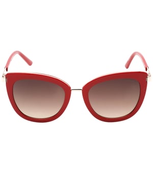 Guess Gafas de sol rojas, ancho de lente = 52 mm, ancho del puente nasal = 21 mm, longitud del brazo = 140 mm, gafas de sol, estuche para gafas de sol, paño de limpieza e instrucciones de cuidado, todo incluido, 100 % de protección contra la luz solar UVA y UVB y cumplen con la norma británica EN 1836:2005, gafas de sol rojas, 100 % plástico