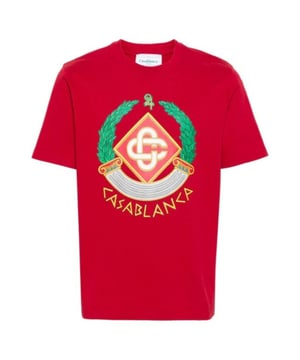 Short Sleeved Red T-Shirt, Casablanca Crest Printed Design, Crew Neck Tee, Regular Fit, Fits True To Size, 100% Cotton, Red Tee, Casual Wear