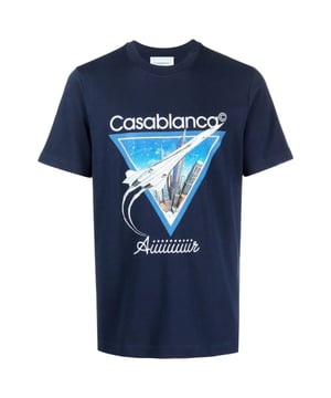 Blauw T-shirt met korte mouwen, Casablanca-vliegtuigontwerp, T-shirt met ronde hals, normale pasvorm, pasvorm op maat, 100% katoen, blauw T-shirt, vrijetijdskleding