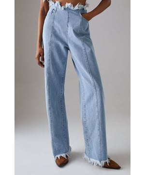 Wide leg silhouette with distinctive fray detailing at waistband and hem for an edgy finish
        Front seam detailing adds architectural interest and elongates the leg
        Cotton fabric provides comfort and breathability for all-day wear
        Practical side and back pockets for everyday functionality
        High-rise waist creates a flattering silhouette that pairs perfectly with cropped tops
    
    These Warehouse wide leg jeans combine contemporary design with effortless wearability. The striking fray detail along the waistband and hem creates a raw, fashion-forward aesthetic that sets these jeans apart from standard denim styles. Style them as shown with a simple fitted vest top for casual daytime outings, or dress them up with a tucked-in blouse and statement jewellery for lunch with friends. The cotton fabric ensures these jeans move comfortably with you throughout the day, while the front seam detailing creates a leg-lengthening effect. Perfect for weekend brunches, gallery visits or casual shopping trips, these jeans offer versatility without compromising on style. Complete the look with flat loafers or trainers for an understated daytime ensemble, or add a structured jacket for a more polished finish.