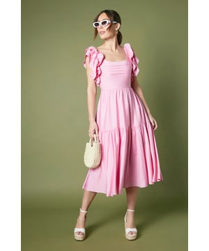 Elegant square neckline with pleated bodice detail
        Charming frill sleeves for a romantic touch
        Tiered midi skirt with graceful movement
        Flattering empire waistline
        Alluring open back with tie detail
    
    This enchanting midi dress from Coast is the epitome of sophisticated elegance, perfect for those special occasions that demand a touch of glamour. The pleated bodice and frill sleeves add a delightful feminine flair, while the tiered skirt creates a graceful silhouette that's sure to turn heads. For a day at the races or a summer wedding, pair this dress with strappy metallic heels and a coordinating fascinator for a look that exudes refinement. The open back with tie detail adds an unexpected twist, ensuring you'll make a lasting impression from every angle. Accessorise with delicate drop earrings and a clutch bag to complete your polished ensemble. This versatile piece transitions effortlessly from daytime events to evening soires, making it a valuable addition to your occasion wear wardrobe.
