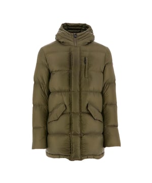 Mens JOTT Dakhla Warm Down Jacket in army.The mid-length DAKHLA down jacket is a new addition to the collection to rule your winter! Its straight cut is made in an original padding with wide strips  always filled with feathers and down to offer you total protection against the cold. DAKHLA has two front flap pockets and a chest pocket. And to guarantee you optimal comfort  its padded hood is ultra-covering and its very high collar.- Responsible down- Water repellent- Thermal insulation: extreme cold- Windproof- Main material: 100% Polyamide.  Lining: 100% Polyamide. Filling: 90% Down  10% Feather.- Ref: FW22MPAR01255