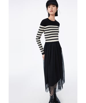 Vestido de una pieza elegante, clásico, de patchwork bordado con aguja, un elegante vestido negro corto. Rayas blancas y negras vintage con bordado de logotipo personalizado en bloques de color. La media falda de malla natural es etérea y vaporosa. Diseño de cintura ajustada que alarga la pierna para realzar la figura. Ideal para combinar con plumífero o abrigo; si te quitas la chaqueta, puedes lucir un look llamativo.