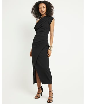 Drape detail, Off shoulder design, Asymmetric neckline, Short sleeves, Split hem, Midi length
