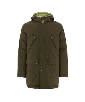Capuchon met trekkoord.Ritssluiting met drukknoop.2 klepzakken met drukknoopsluiting aan de voorkant.Kant A: Waterdichte canvas parka getapete naden en waterdichte ritsen 2 borstzakken met rubber logo in reliëf op linkermouw.Kant B: Donzen jack gewatteerde stretch matte waterafstotende stof met trekkoord in de taille 1 borstzak met vilten logo op linkermouw.Recht model.