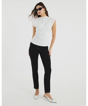 Stripe, High neck, Short sleeves, Drape detail