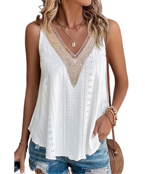 Top sin mangas de ajuste holgado con splicing de encaje blanco y crochet  
Los intrincados calados y el splicing de encaje le dan un diseño único y elegante  
El diseño de cuello en V realza el escote y añade un toque de atractivo  
El diseño sin mangas proporciona libertad de movimiento y te mantiene fresca  
Las camisetas de tipo dropship vienen con una variedad de opciones  
Consulta la tabla de tallas para obtener una medida precisa  
Material: 95% Poliéster 5% Elastano