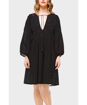 Effortlessly chic with a modern romantic twist, the ELLE Jane Dress in Black is your go-to for versatile elegance. Crafted from lightweight cotton with delicate eyelet embroidery, this mini dress features voluminous balloon sleeves, a flattering deep V-neckline, and a gently gathered waist for a floaty, feminine silhouette.

Whether you're dressing it up with heels for a night out or pairing it with espadrilles for a daytime stroll, the Jane Dress transitions seamlessly from season to season. It’s the little black dress—with a breezy, contemporary edge.

Key Features:

All-over eyelet embroidery

Lightweight and breathable fabric

Deep V-neckline

Long balloon sleeves with elastic cuffs

Above-the-knee hemline

Relaxed fit with a cinched waist

Main Fabric 100% Cotton

Embroidery 100% Polyester