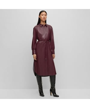 Womens BOSS Dibanora10 Relaxed-fit Shirt Dress In Embossed Fabric In dark redA relaxed-fit shirt dress with long sleeves  by BOSS Womenswear. Trimmed with hardware buttons  this chic dress is designed in embossed fabric with a light sheen and solid panels for contrast. A tie-up belt with hardware tips completes this contemporary piece.- Relaxed fit- Point collar- Fastening top: Belted closure- Long sleeves- Button cuffs- Side slit- Main material: 100% Polyester.  Insert: 100% Polyester. - Ref: 50504052-643
