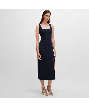 Womens BOSS Dineza business dress with seaming details in dark blue.A refined dress by BOSS Womenswear. Featuring flattering seaming and wide straps  this elegant dress is crafted in stretch fabric for easy movement. Smooth lining enhances the streamlined look.- Fit back length: 125cm (49 inches)- Main material: 67% Polyester  29% Viscose  4% Elastane.  Lining: 54% Viscose  43% Polyamide  3% Elastane.  Dry clean.- Ref: 50516023-404