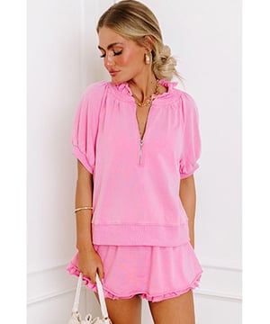 Our styles are designed with a trendy fitted look in mind following an international size standard. For the best fit we suggest choosing one size up from your usual. Be sure to check our sizing chart to find your perfect match!
  Chic Pink Half Zip Puff Sleeve Top and Ruffled Shorts Set
  Half zip top offers a versatile and trendy look
  Frilled neck and puff sleeves add sophistication
  Ruffled shorts provide playful and feminine charm
Material: 85% Polyester 10% Cotton 5% Elastane