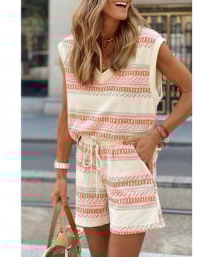 Our styles are designed with a trendy fitted look in mind following an international size standard. For the best fit we suggest choosing one size up from your usual. Be sure to check our sizing chart to find your perfect match!
Stylish tank and shorts set for the coming summer holiday Western striped print is fashionable and classic Two
  piece set includes a relaxed fit tank and adjustable drawstring shorts Sleeveless style ensures comfort and ease Medium elasticity for a comfortable fit
Material: 95% Polyester 5% Elastane