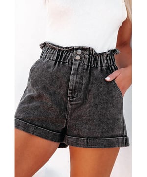 Black vintage washed denim shorts
  High waist design for a flattering silhouette
  Paperbag waist adds a feminine and cute touch
  Mineral wash creates a fashionable look
  Fold edge detailing adds an elevated touch
  Perfect for women and modern girls of different ages
  Refer to size chart for the perfect fit
Material: 65% Cotton 33% Polyester 2% Elastane